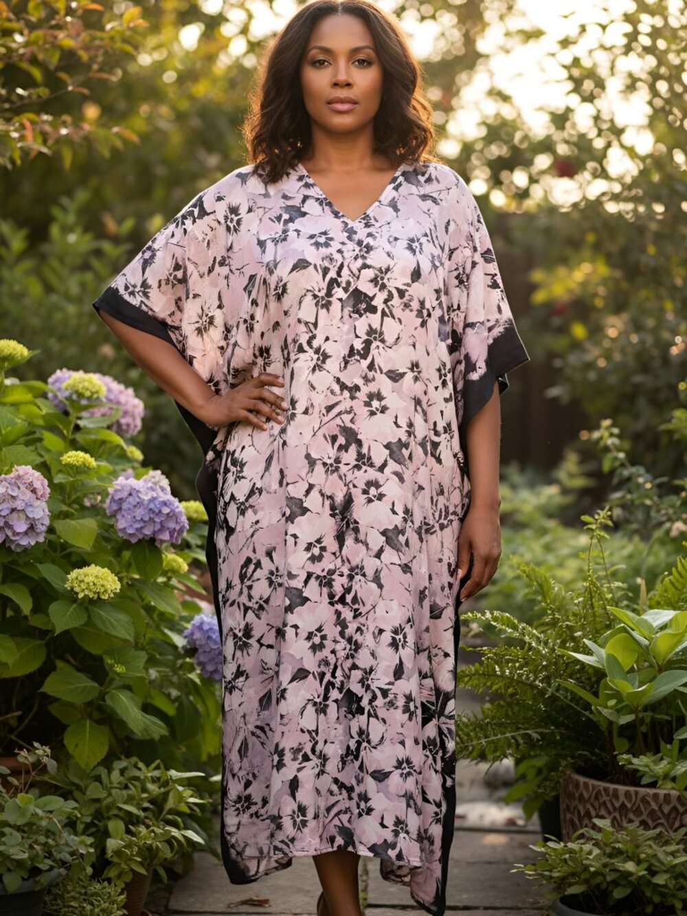 Plus Size Pink Floral Print V-Neck Kaftan Tunic Black Beach Cover Up